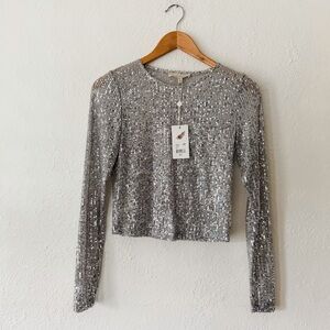 Chelsea & Violet Girls Silver Sequin Sparkling Long Sleeve Cropped Top